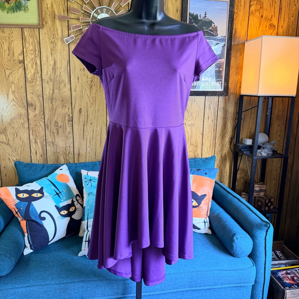 Off-Shoulder High-Low Fit & Flare Purple Dress